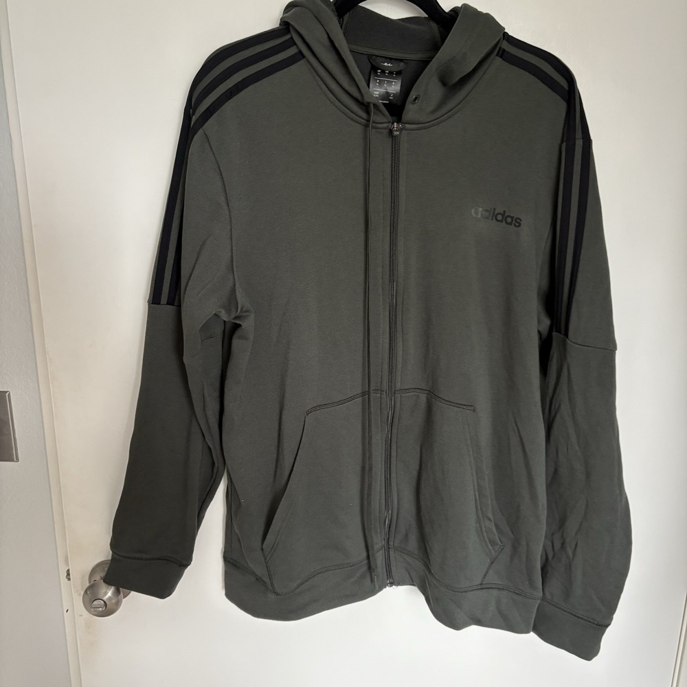 Adidas Three Striped Full-Zip Terry Cloth Hooded Jacket Military Green Men XL